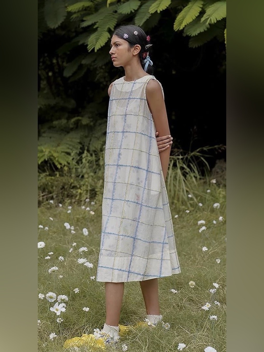 Péro handwoven mulberry silk checkered floral midi dress